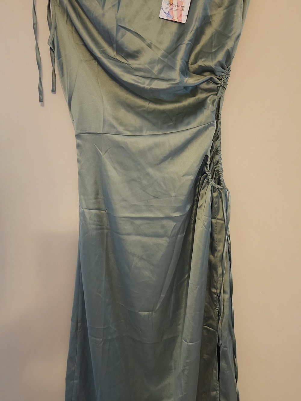 One-Shoulder Ruched Satin Maxi Dress in Sage Green